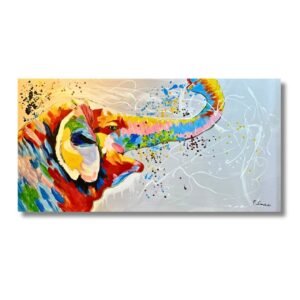 Original 120x60cm large colorful elephant oil painting on canvas with trunk raised spraying vibrant paint splatters