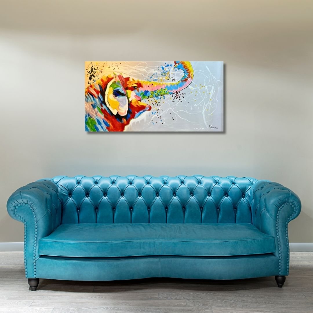 Original 120x60cm large colorful elephant oil painting on canvas with trunk raised spraying vibrant paint splatters