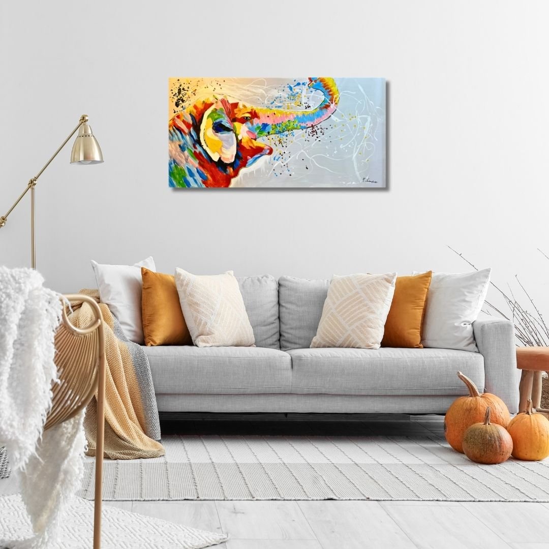 Original 120x60cm large colorful elephant oil painting on canvas with trunk raised spraying vibrant paint splatters