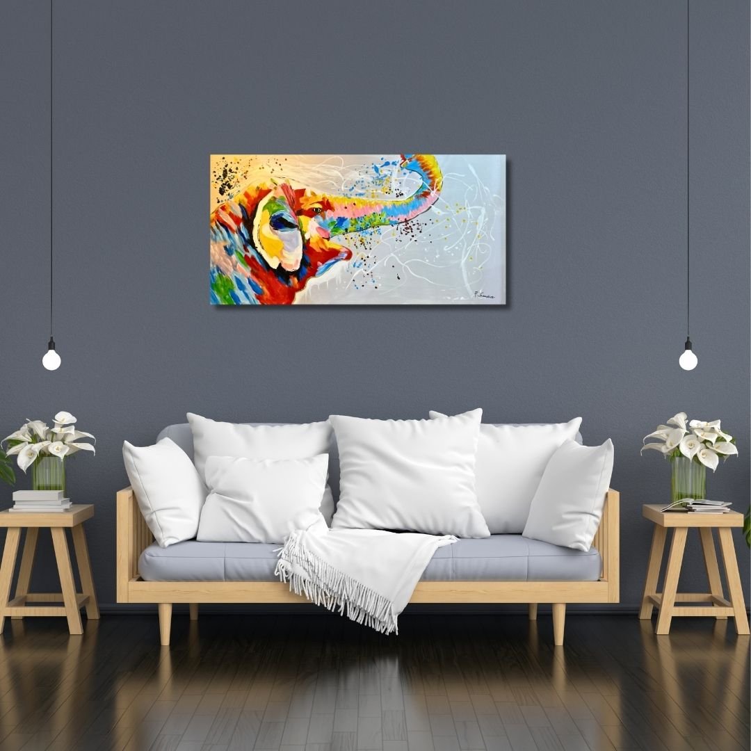 Original 120x60cm large colorful elephant oil painting on canvas with trunk raised spraying vibrant paint splatters
