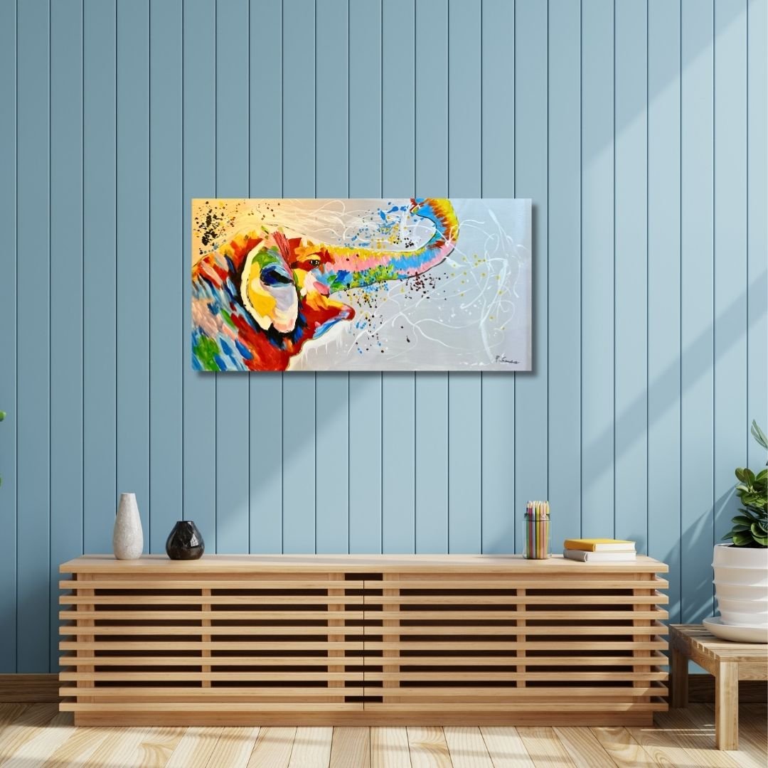 Original 120x60cm large colorful elephant oil painting on canvas with trunk raised spraying vibrant paint splatters