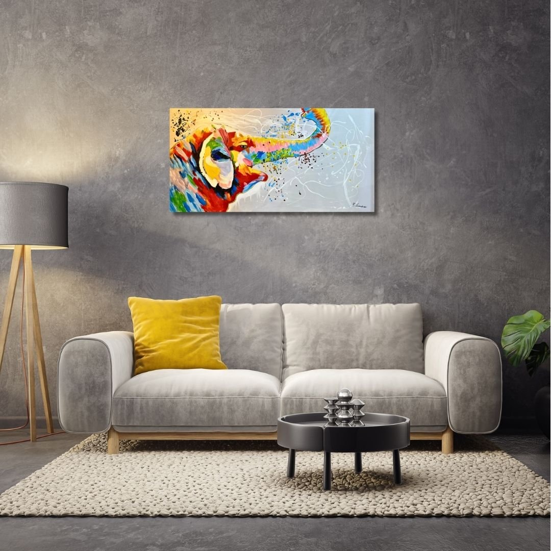 Original 120x60cm large colorful elephant oil painting on canvas with trunk raised spraying vibrant paint splatters