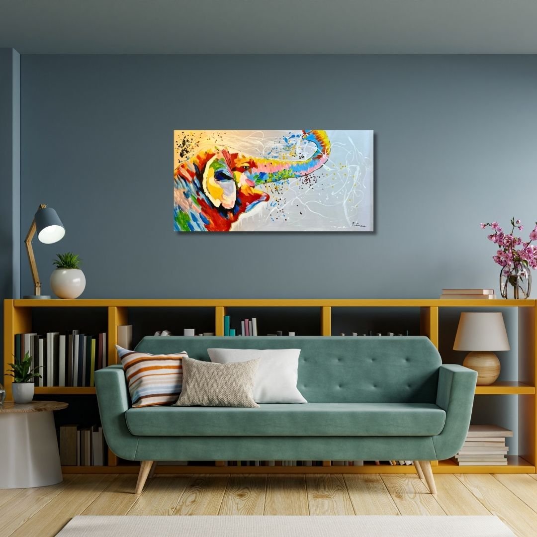 Original 120x60cm large colorful elephant oil painting on canvas with trunk raised spraying vibrant paint splatters