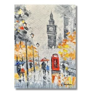 Original autumn rainy London street 12x16 handmade London oil painting featuring Big Ben, golden trees, and red telephone box by local artist