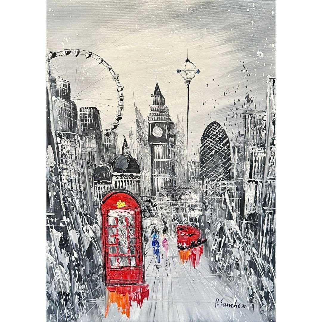 Original 12x16 black and white handmade London oil painting featuring red telephone box, Big Ben, and London Eye by local artist