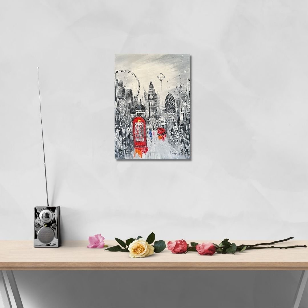 Original 12x16 black and white handmade London oil painting featuring red telephone box, Big Ben, and London Eye by local artist