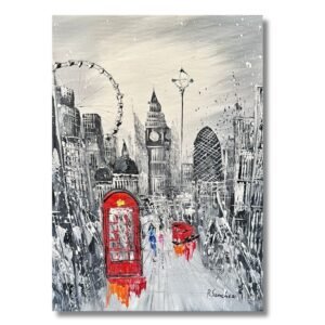 Original 12x16 black and white handmade London oil painting featuring red telephone box, Big Ben, and London Eye by local artist