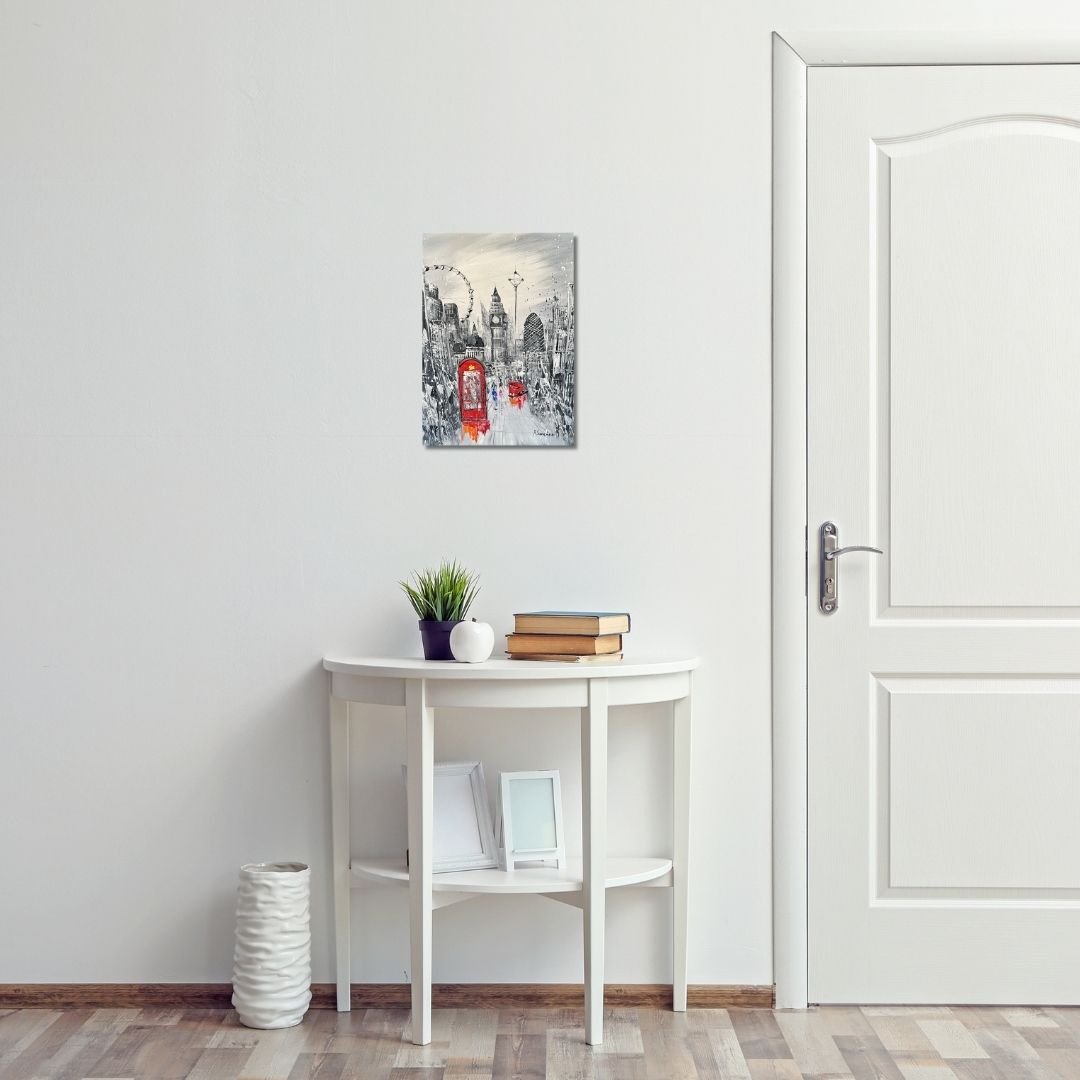 Original 12x16 black and white handmade London oil painting featuring red telephone box, Big Ben, and London Eye by local artist