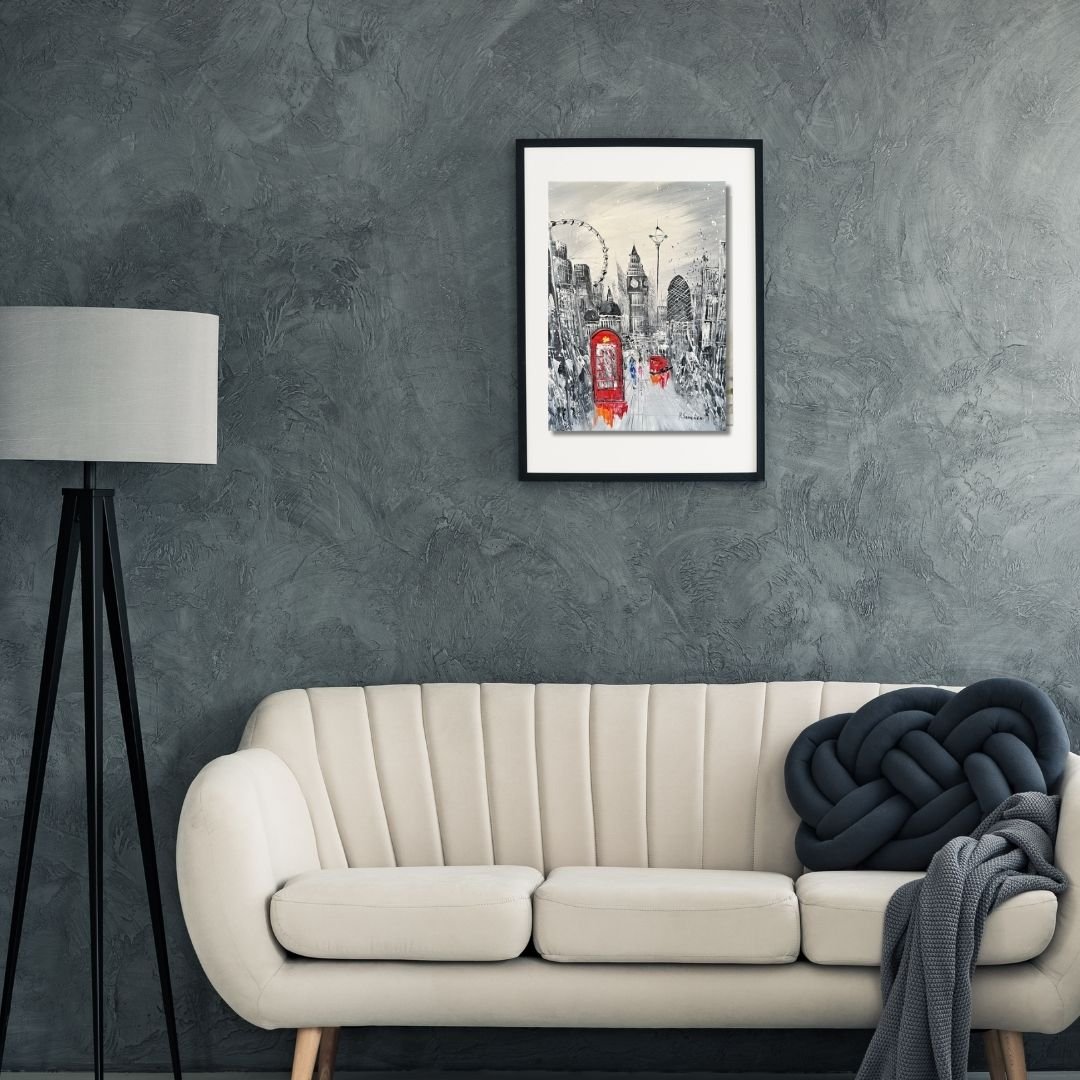Original 12x16 black and white handmade London oil painting featuring red telephone box, Big Ben, and London Eye by local artist