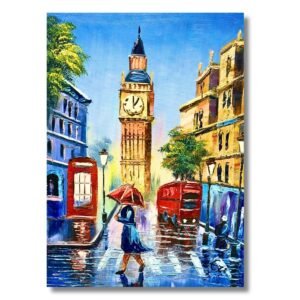 Original Rainy London street 12x16 handmade London oil painting featuring Big Ben, red telephone box, and red umbrella by local London artist